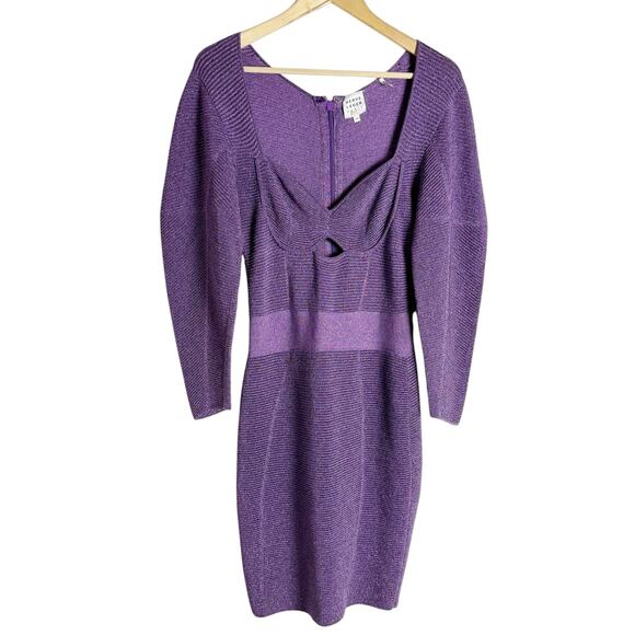 Herve Leger Lurex Ottoman Purple Cut Out Long Sleeve Sweetheart Cocktail Dress M - Picture 7 of 16